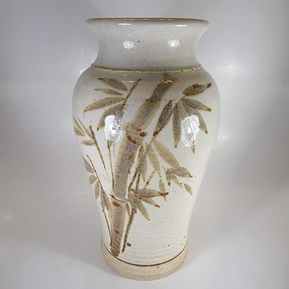 Vase Bamboo Design Stoneware Hand Painted White Ceramic High Gloss Glaze 10"